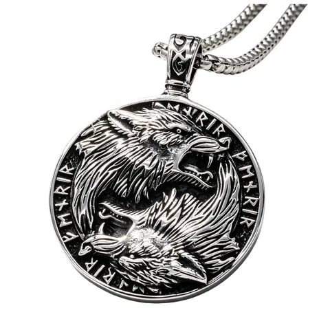 Vintage Titanium Steel Nordic Viking Wolf Head Pendant Necklace For Men Retro Rune Embossed Round Medallion Jewelry Gift