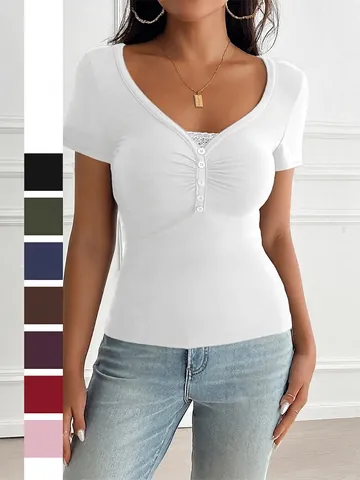 Damen V-Ausschnitt Geripptes T-Shirt Eng Anliegend Kurzarm Top Mit Knöpfen Und Spitzenbesatz Y2K Style Sexy