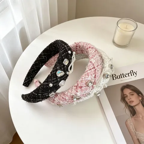Tweed Gepolstertes Stirnband Mit Kunstperlen Und Strass Französisches Vintage Breites Haarband Für Damen Eleganter Haarschmuck