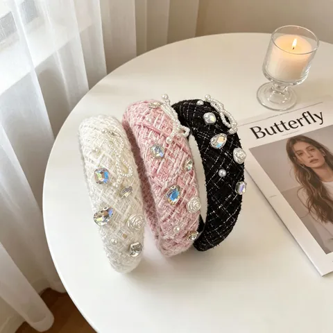 Tweed Gepolstertes Stirnband Mit Kunstperlen Und Strass Französisches Vintage Breites Haarband Für Damen Eleganter Haarschmuck