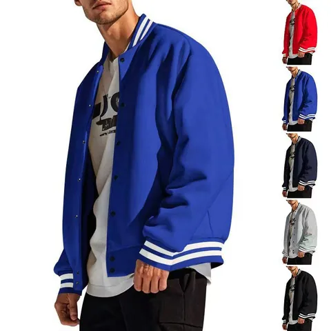 Men Varsity Jacket Baseball Bomber Coat Ribbed Striped Trim Snap Button Casual Sporty Outwear Polyester Fleece Lined
