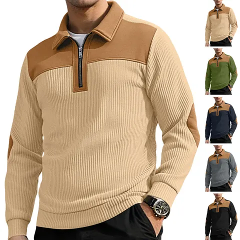 Men Knit Sweater Quarter Zip Lapel Collar Polyester Spandex Contrast Patchwork Elbow Patches Long Sleeve Retro Casual Ribbed Pullover