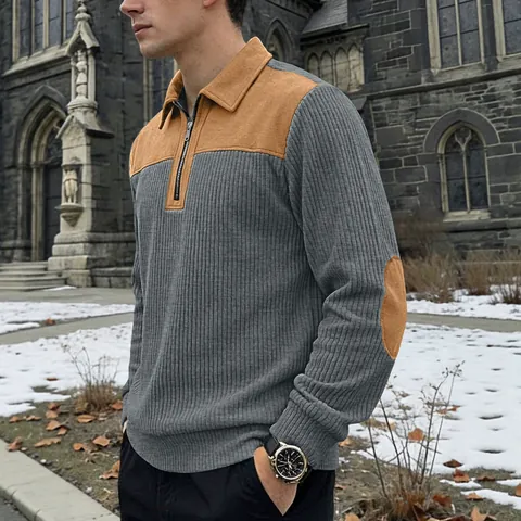 Men Knit Sweater Quarter Zip Lapel Collar Polyester Spandex Contrast Patchwork Elbow Patches Long Sleeve Retro Casual Ribbed Pullover