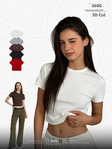 Dames American Spice Girl Stijl Cropped T-Shirt Slim Fit Korte Mouw Ronde Hals Katoenmix Basic Effen Kleur Tee Top