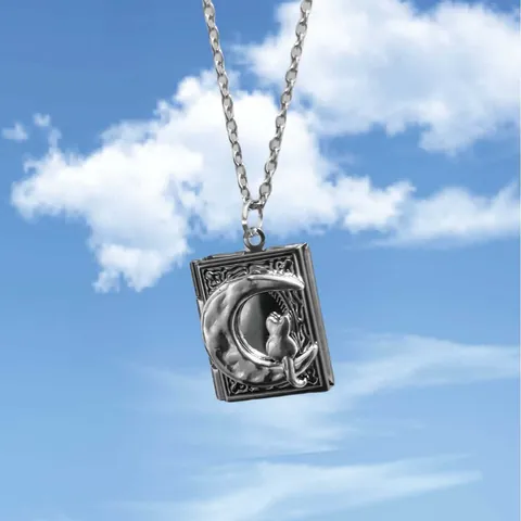 Collana Medaglione a Libro Argento Antico con Motivo Luna e Gatto Catena in Acciaio Inossidabile Pendente Portafoto Regalo Compleanno Gioielli