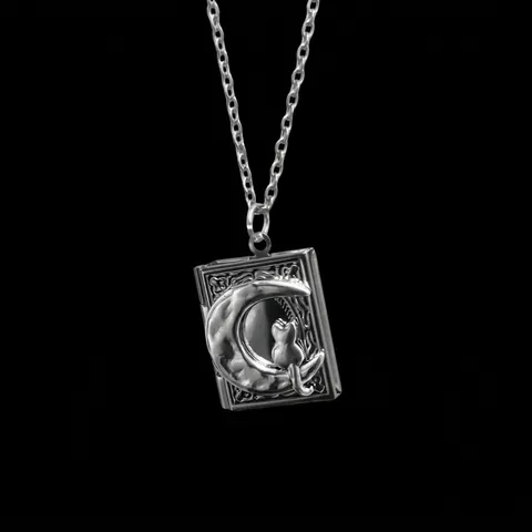 Retro Antique Silver Book Locket Necklace Moon Cat Pattern Stainless Steel Chain Photo Frame Pendant Birthday Gift Women Men Jewelry