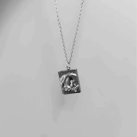 Collana Medaglione a Libro Argento Antico con Motivo Luna e Gatto Catena in Acciaio Inossidabile Pendente Portafoto Regalo Compleanno Gioielli