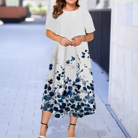 Vestido Midi de Verano para Mujer Talla Grande Manga Corta Cuello Redondo Elegante Estampado Floral Digital Ajuste Relajado Poliéster