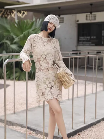 Vestito Mini in Pizzo all'Uncinetto Stile Francese per Donna Girocollo Manica Lunga a Campana Ricamato Floreale Linea A