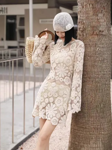 Vestito Mini in Pizzo all'Uncinetto Stile Francese per Donna Girocollo Manica Lunga a Campana Ricamato Floreale Linea A