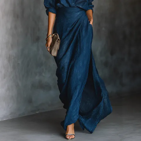 Elegant Royal Blue Pleated Top And Midi Skirt For Women V Neck Long Sleeve Irregular Hem Outfit With Belt Casual Fashion