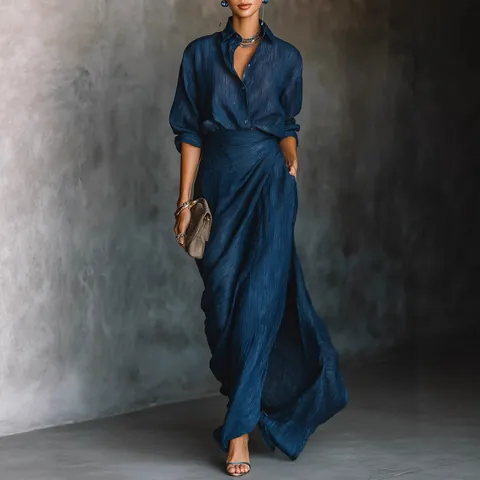 Elegant Royal Blue Pleated Top And Midi Skirt For Women V Neck Long Sleeve Irregular Hem Outfit With Belt Casual Fashion