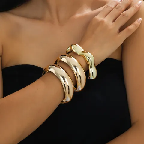 European Irregular Wave Open Bangle And Plain Gold Plated Alloy Minimalist Stackable Geometric Mirror Polish Bangles Jewelry Gift