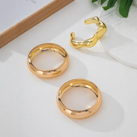 European Irregular Wave Open Bangle And Plain Gold Plated Alloy Minimalist Stackable Geometric Mirror Polish Bangles Jewelry Gift