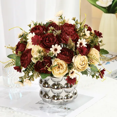 Realistic Artificial Peony Flower Bouquet Silk Peonies Daisies For Home Wedding Decor Faux Floral Arrangement Centerpiece