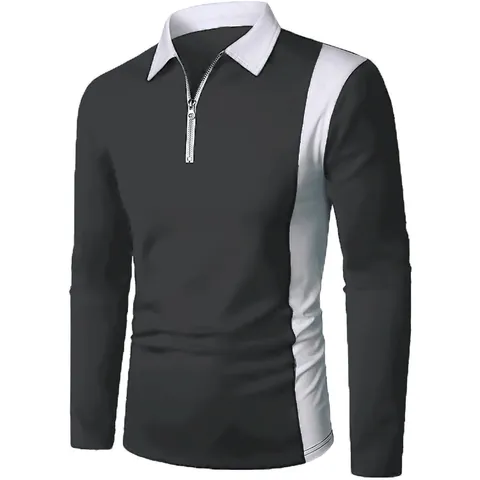 Men Casual Long Sleeve Polo Shirt Quarter Zipper Contrast Color Block Patchwork Slim Fit Sporty Business Fashion Top