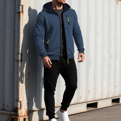 Heren Casual Sportkleding Trainingspak Capuchonjack Met Rits En Joggingbroek Gemêleerde Textuur Vrijetijdspak Met Neon Accenten