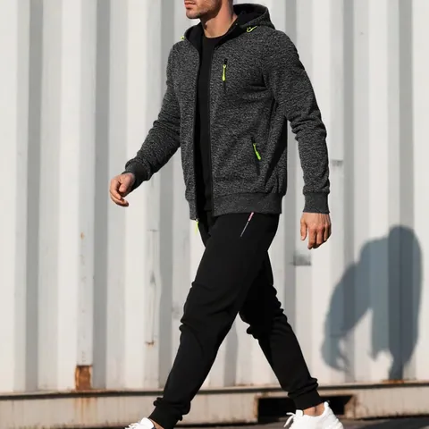 Heren Casual Sportkleding Trainingspak Capuchonjack Met Rits En Joggingbroek Gemêleerde Textuur Vrijetijdspak Met Neon Accenten