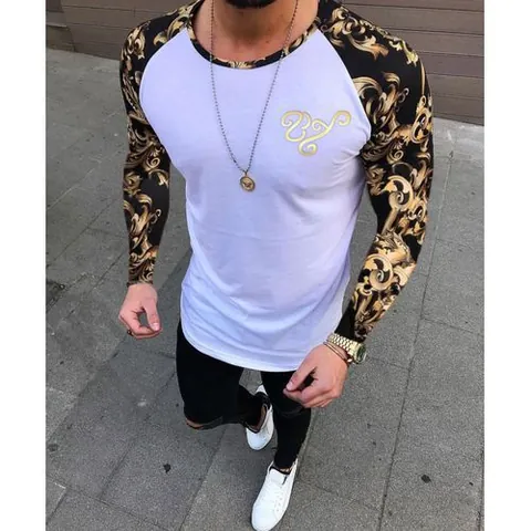 Herren Barock Print Raglan Langarm T-Shirt Slim Fit Baumwollmischung Rundhals Goldmuster Kontrastärmel Fashion Streetwear Top