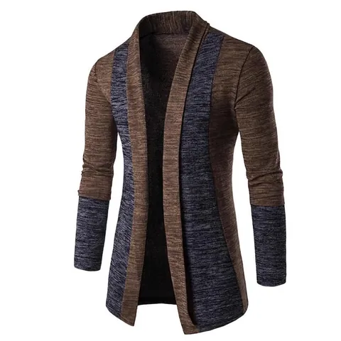 Men's Casual Contrast Stitching Knit Cardigan Shawl Collar Slim Fit Open Front Korean Style Marl Knitted Sweater Outerwear