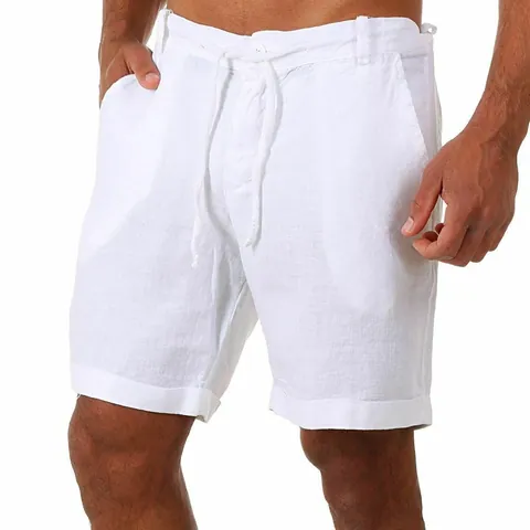 Herren Casual Baumwoll-Leinen-Mischung Shorts Mit Kordelzug Elastischer Taille Und Rollbündchen Einfarbig Sommer Strand Shorts Für Herren