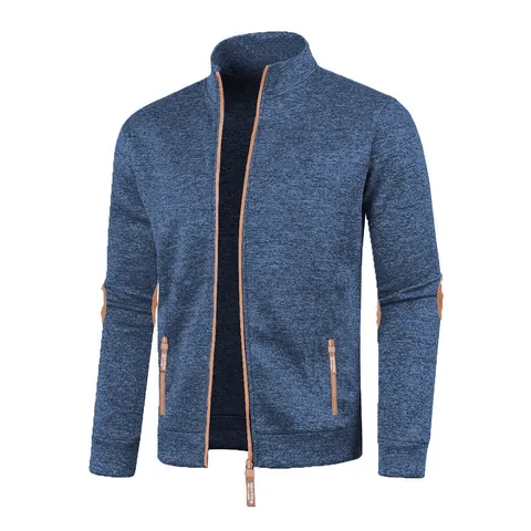 Veste en Tricot à Fermeture Éclair et Col Montant pour Hommes Cardigan Décontracté en Tissu Chiné Avec Coudières Manteau Chaud