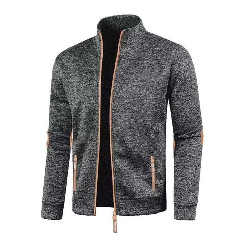 Veste en Tricot à Fermeture Éclair et Col Montant pour Hommes Cardigan Décontracté en Tissu Chiné Avec Coudières Manteau Chaud
