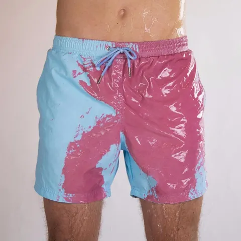 Men's Color Changing Swim Trunks Quick Dry Beach Shorts Thermal Sensitive Water Reactive Swimwear With Drawstring Pockets Summer Vacation Board Shorts