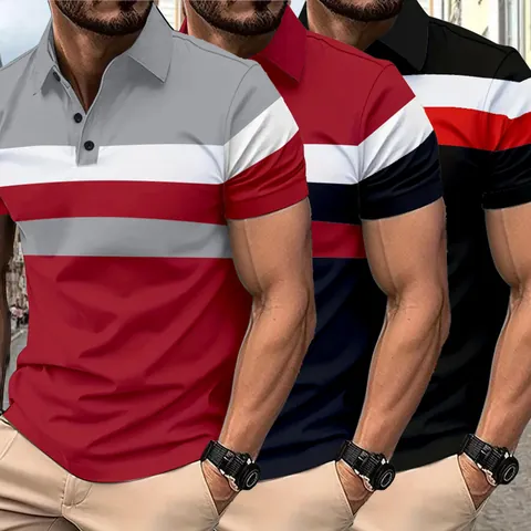 Ανδρική Casual Slim Fit Μπλούζα Πόλο Κοντό Μανίκι με Σχεδιασμό Color Block και Ρίγες Γιακάς με Κουμπιά Καλοκαιρινό Top