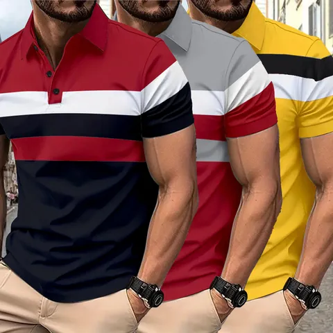 Ανδρική Casual Slim Fit Μπλούζα Πόλο Κοντό Μανίκι με Σχεδιασμό Color Block και Ρίγες Γιακάς με Κουμπιά Καλοκαιρινό Top