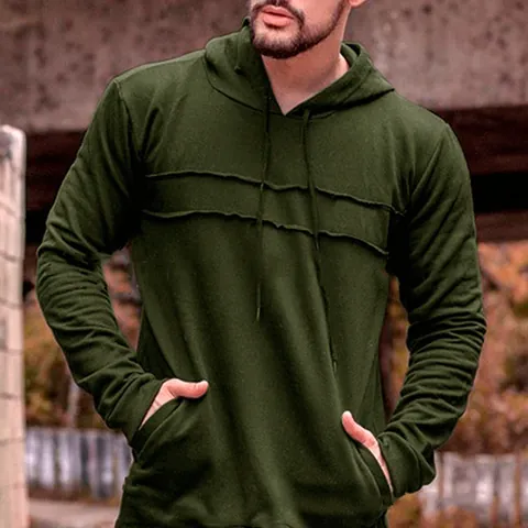 Men's Casual Long Sleeve Cotton Blend Hoodie With Drawstring Kangaroo Pocket Raw Edge Stitching Solid Color Sweatshirt Top