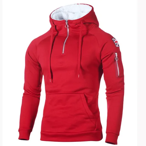 Sudadera con Capucha Informal para Hombre Forrada de Polar con Parche de Bandera Bolsillo en Manga Cuello con Cremallera Sudadera Cálida con Bolsillo de Canguro