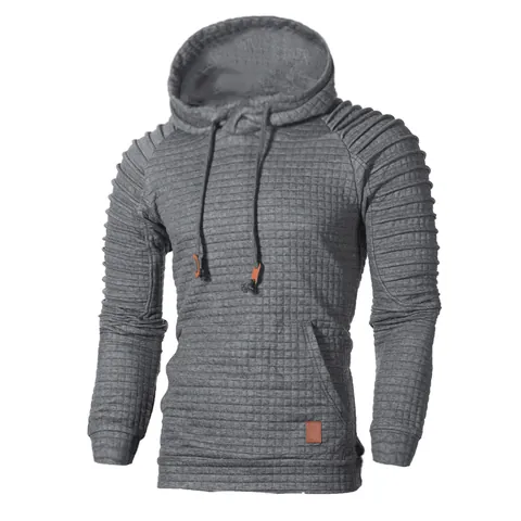 Men Fashion Casual Hooded Sweatshirt Waffle Quilted Texture Long Sleeve Hoodie With Shoulder Ribbing Pleats Kangaroo Pocket Slim Fit Pullover Top