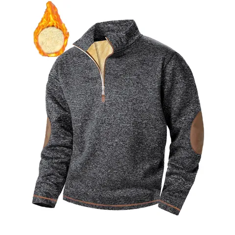 Heren Casual Kwart Rits Pullover Sweatshirt Met Warme Sherpa Voering Winter Fleece Gevoerd Top Met Leren Elleboogstukken