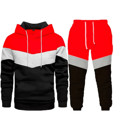 Men's Casual Sports Hoodie And Jogger Pants Color Block Splicing Long Sleeve Hooded Sweatshirt Outfit Breathable Sweat Suit