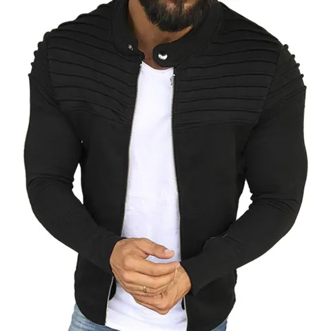 Men's Slim Fit Pleated Jacket Stand Collar Cotton Blend Zipper Long Sleeve Outerwear Solid Color Fashion Coat Daily Wear