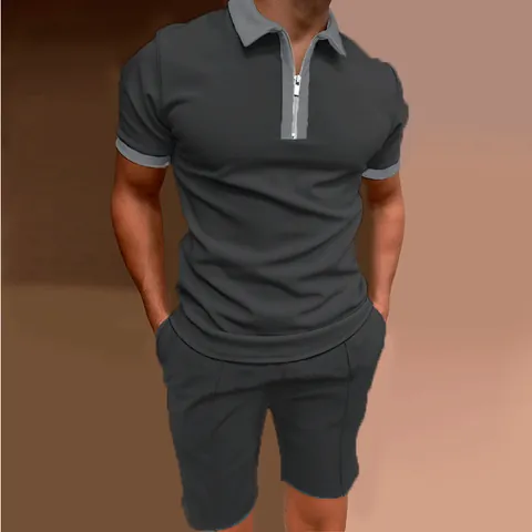 Men Zipped Polo Shirt And Shorts Casual Sportswear Contrast Color Knitted Summer Tracksuit For Outdoor Gym Daily Outfits