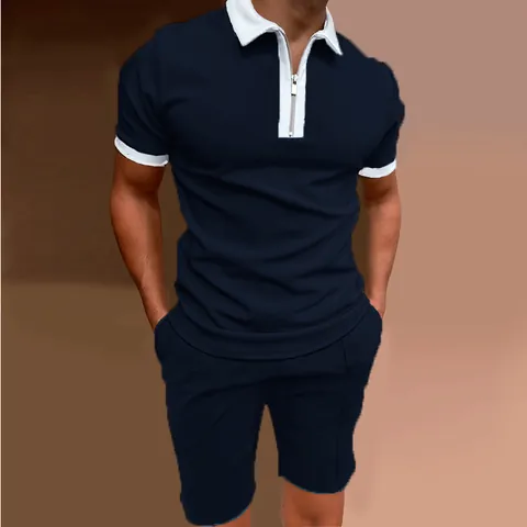 Men Zipped Polo Shirt And Shorts Casual Sportswear Contrast Color Knitted Summer Tracksuit For Outdoor Gym Daily Outfits