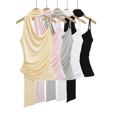 Canotta da Donna con Scollo All'Americana e Drappeggio Slim Fit in Viscosa Asimmetrica Senza Maniche Estiva