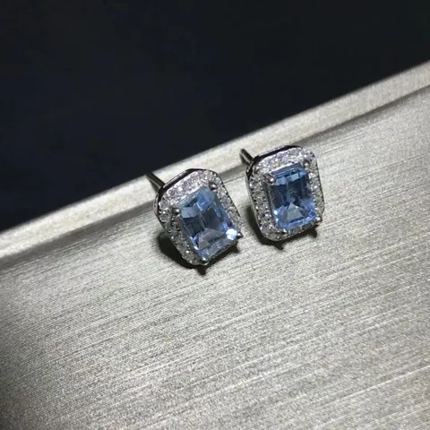 Elegant Copper Stud Earrings With 925 Sterling Silver Earring Post Rectangular Imitation Aquamarine Zirconia Halo Earring For Women Jewelry Gift