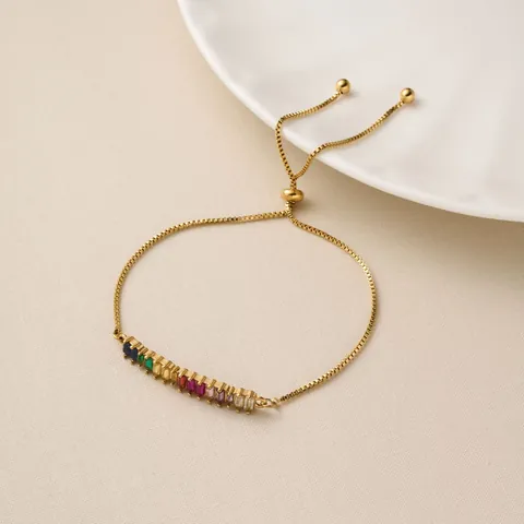 Pulsera de Lujo de Acero de Titanio Chapado en Oro con Circonita de Colores Cordón Ajustable Mujer Dopamina Cadena de Caja Joyería Regalo