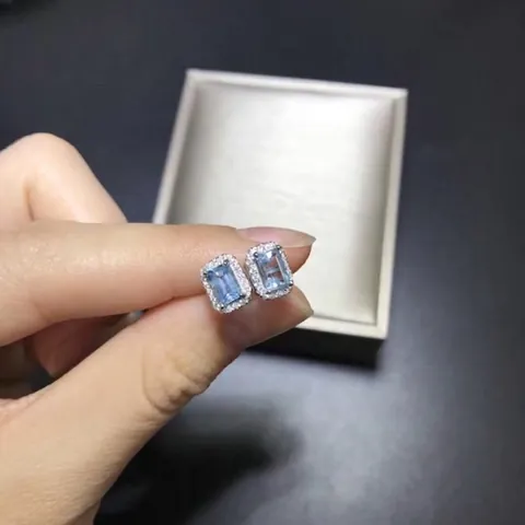 Elegant Copper Stud Earrings With 925 Sterling Silver Earring Post Rectangular Imitation Aquamarine Zirconia Halo Earring For Women Jewelry Gift