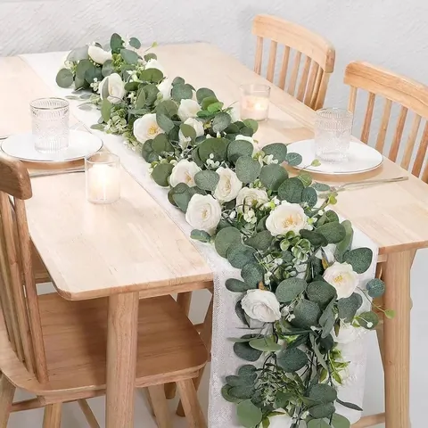 Künstliche Eukalyptus Girlande Mit Schleierkraut Rosen Blüten Grünpflanzen Rebe Für Hochzeit Party Zuhause Wand Kamin Deko