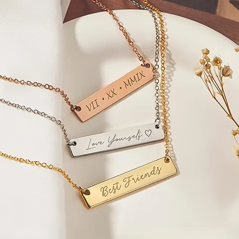 Stainless Steel Geometric Bar Pendant Necklace For Women Men DIY Personalized Engraved Minimalist Fashion Jewelry Anniversary Gift