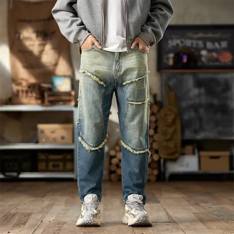 Vaqueros Harem para Hombre Vintage Americano Patchwork con Bordes Deshilachados Pantalones Denim Lavados Streetwear Ajuste Holgado Retrò
