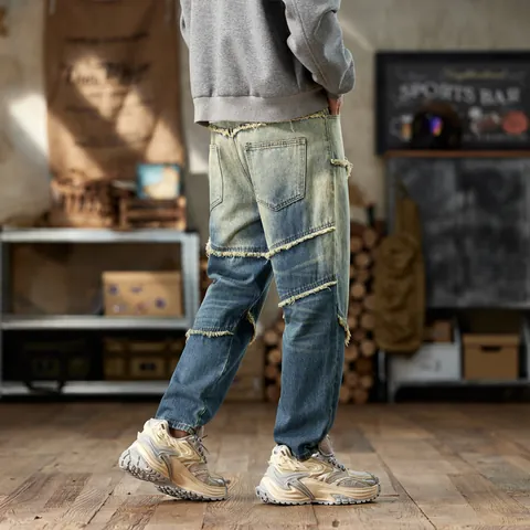 Vaqueros Harem para Hombre Vintage Americano Patchwork con Bordes Deshilachados Pantalones Denim Lavados Streetwear Ajuste Holgado Retrò