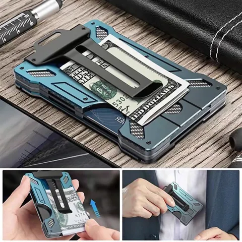 Portafoglio Portacarte in Lega di Alluminio e Fibra di Carbonio Sottile Con Blocco RFID Con Finestra ID Trasparente Clip Posteriore in Metallo Fermasoldi Minimalista