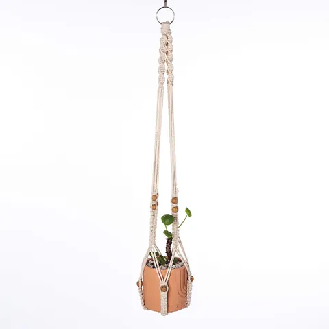 Bohemian Hand Woven Cotton Rope Plant Hanger Without Tassel Minimalist Indoor Hanging Planter Basket With Wood Beads Home Decor