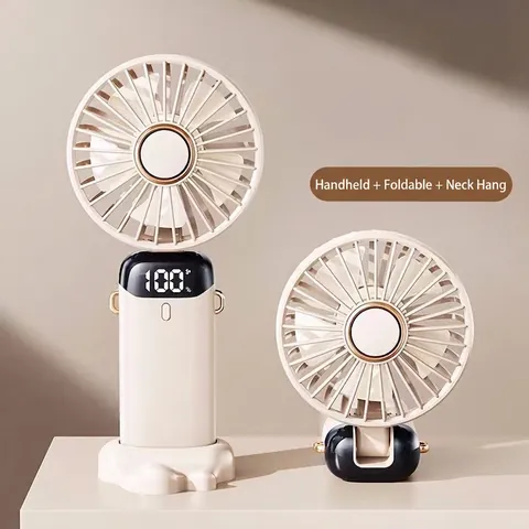 N15 Mini Handheld Fan Portable USB Rechargeable Small Folding Pocket Fan Digital Power Display Phone Holder Neck Fan Cooling