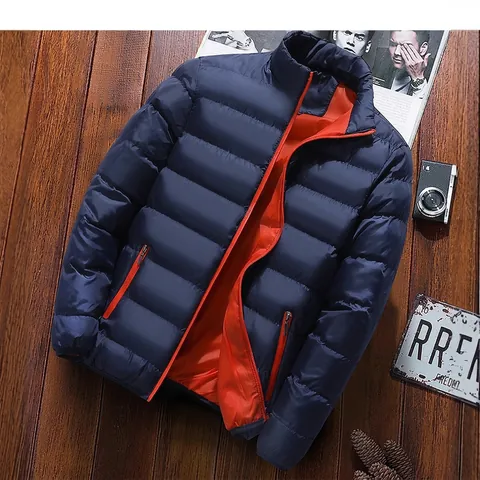 Men's Winter Stand Collar Puffer Jacket Horizontal Quilted Padded Coat Warm Windproof Casual Outdoor Outerwear For Men